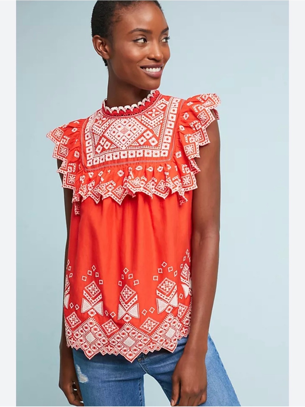 Feather Bone Anthropologie Short Sleeve Embroidered Blouse // Orange // 2